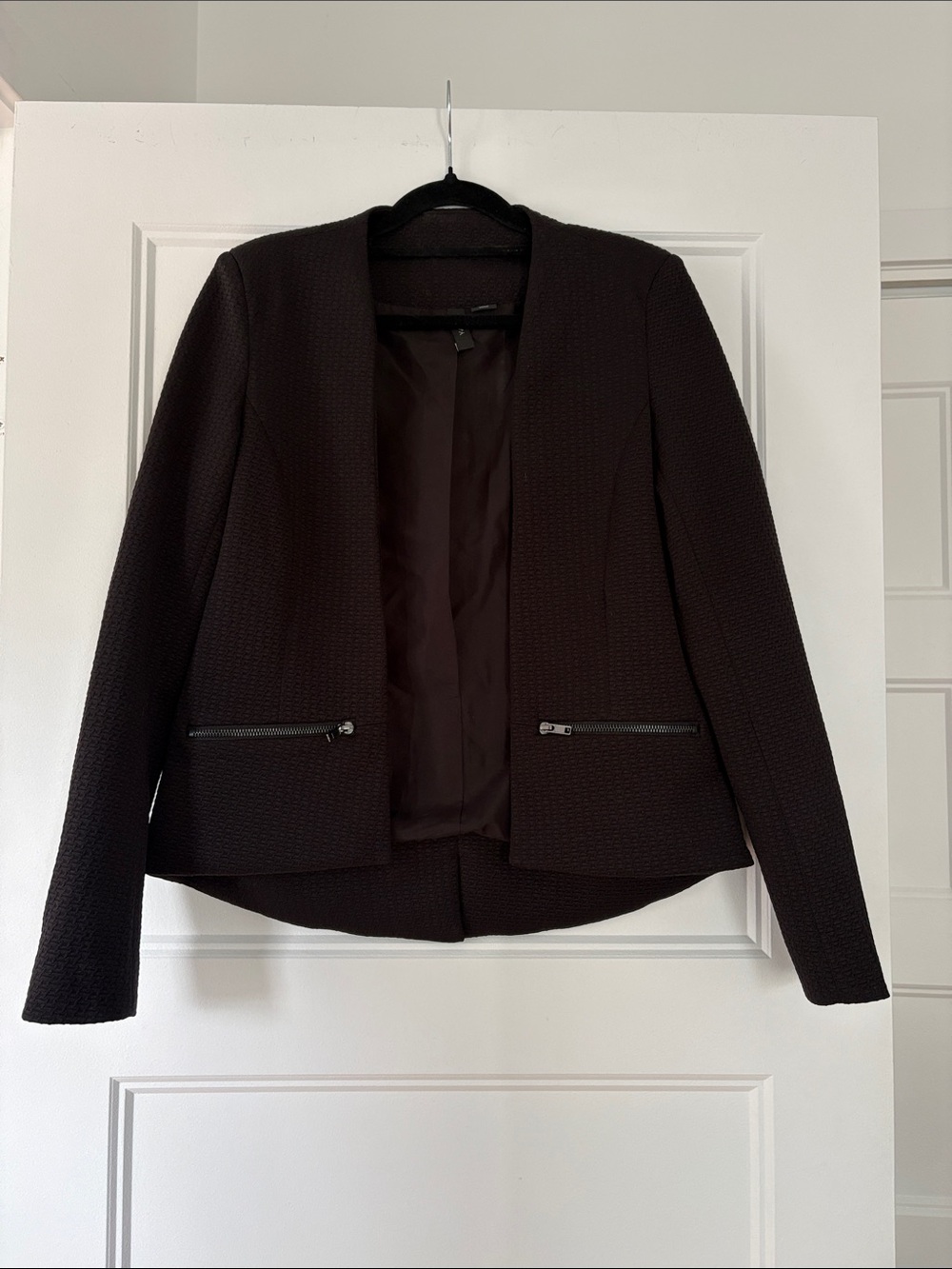 Textured Black Open-Front Blazer with Zip Pockets